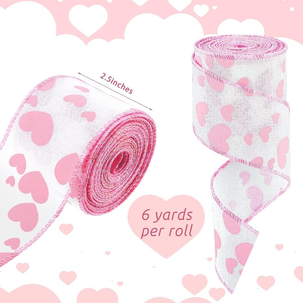 Valentine's Day Burlap Wired Ribbon 2 Rolls 12 Yards Heart Printed Love Edge Rib - Picture 3 of 7